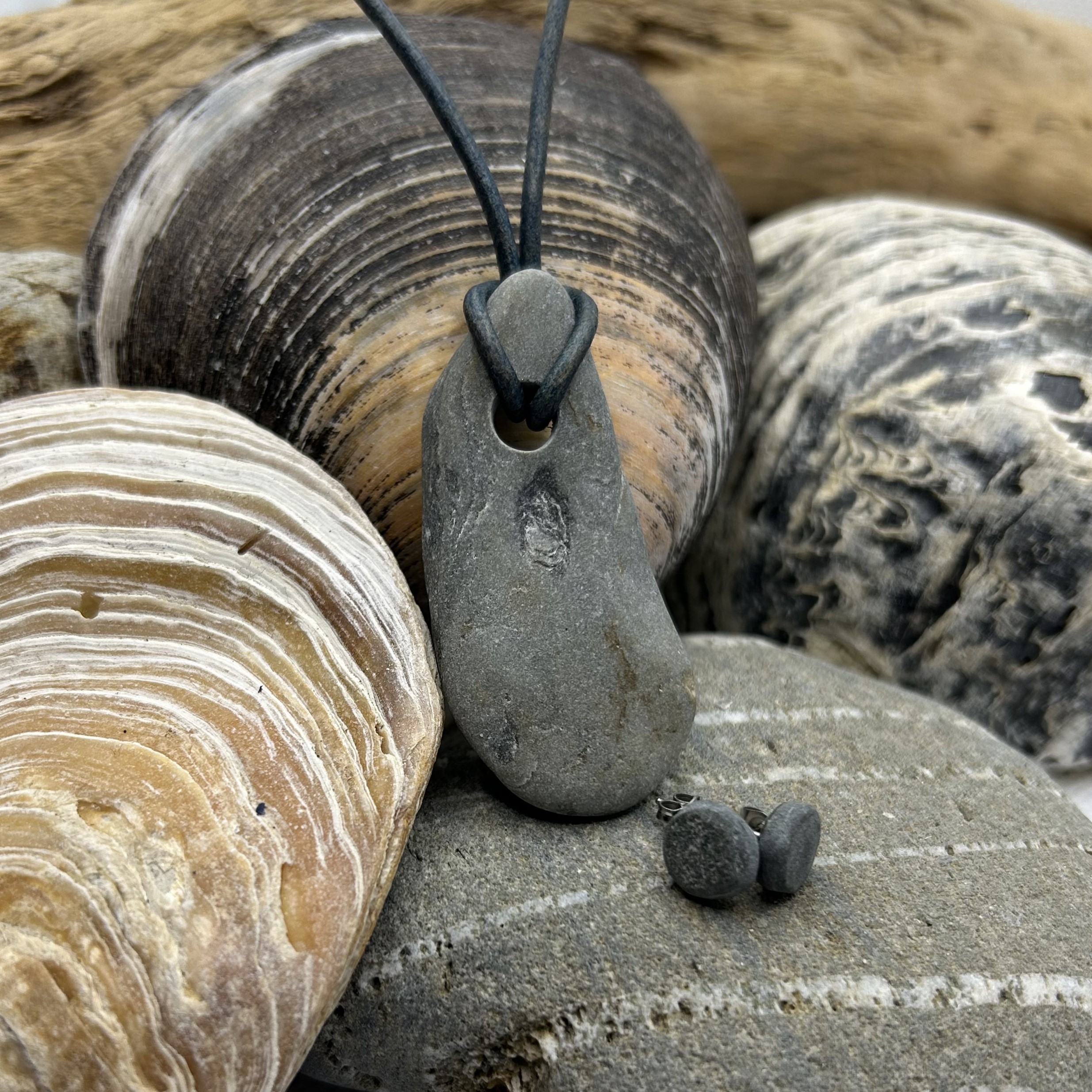 Light Grey Plain Stone Drop Pendant and Stainless Steel Stone Earring Set