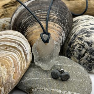 Decorative Sea Glass Pendant and Stainless Steel Stone Earring Set