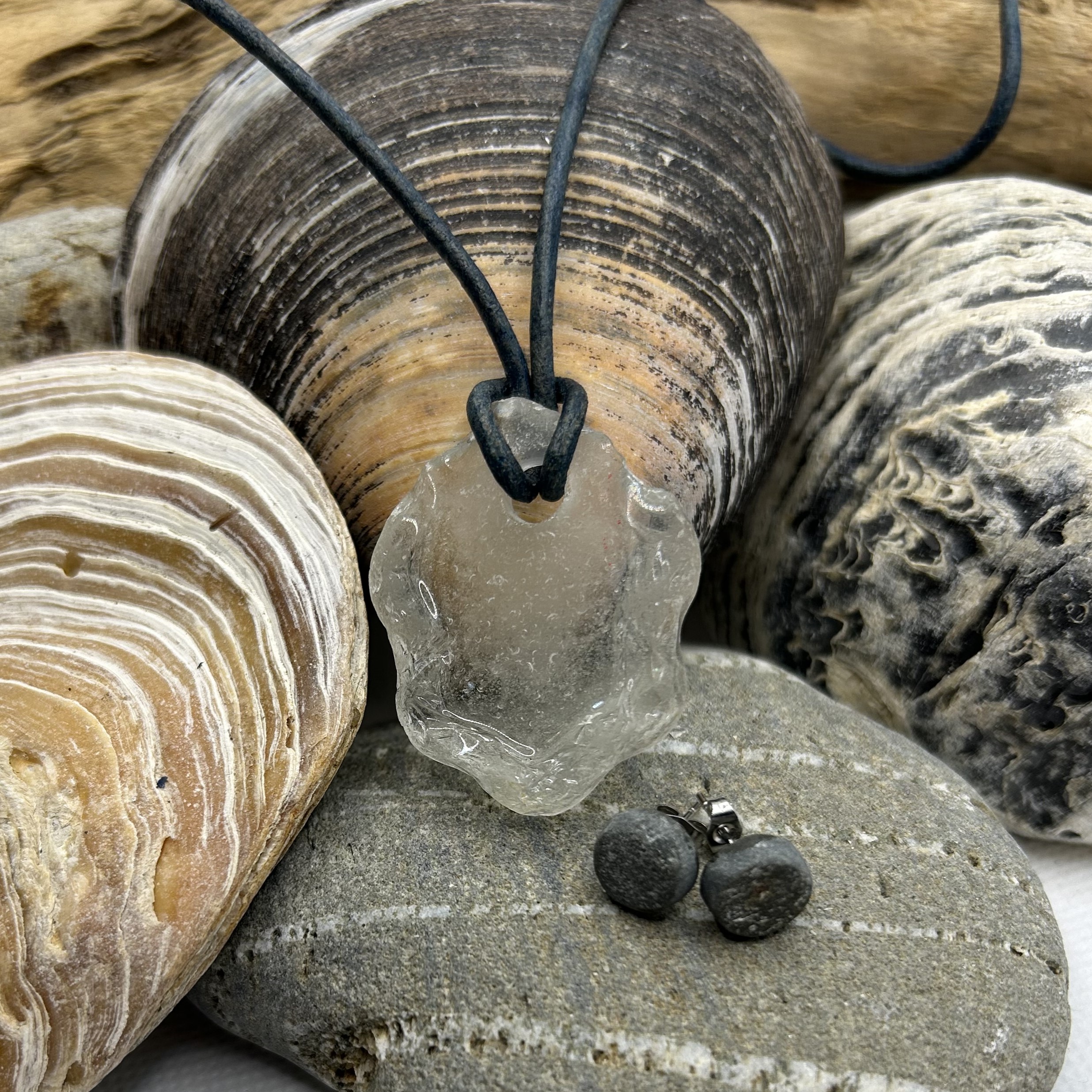 Decorative Sea Glass Pendant and Stainless Steel Stone Earring Set