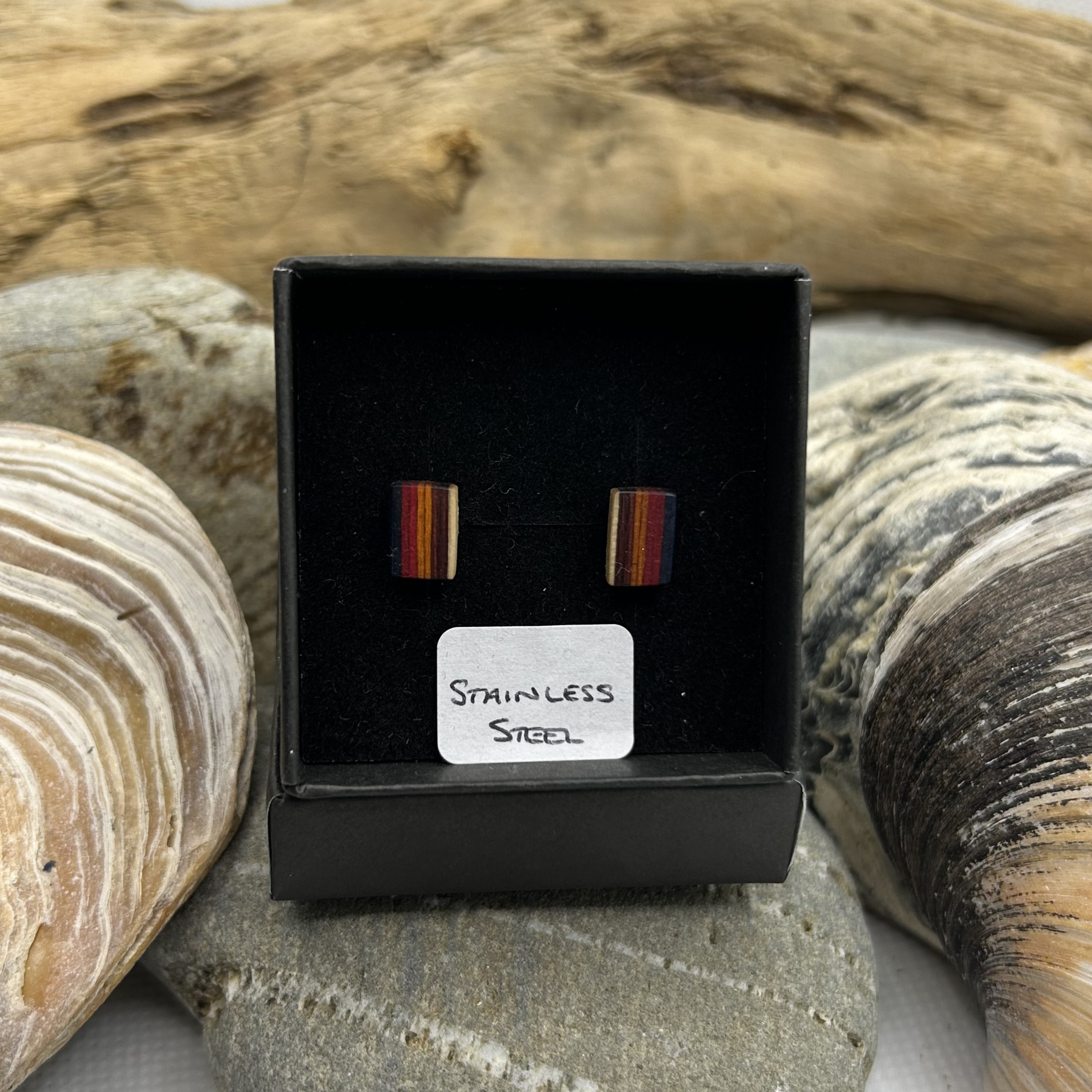 Multi Stripe Wooden Stainless Steel Earrings