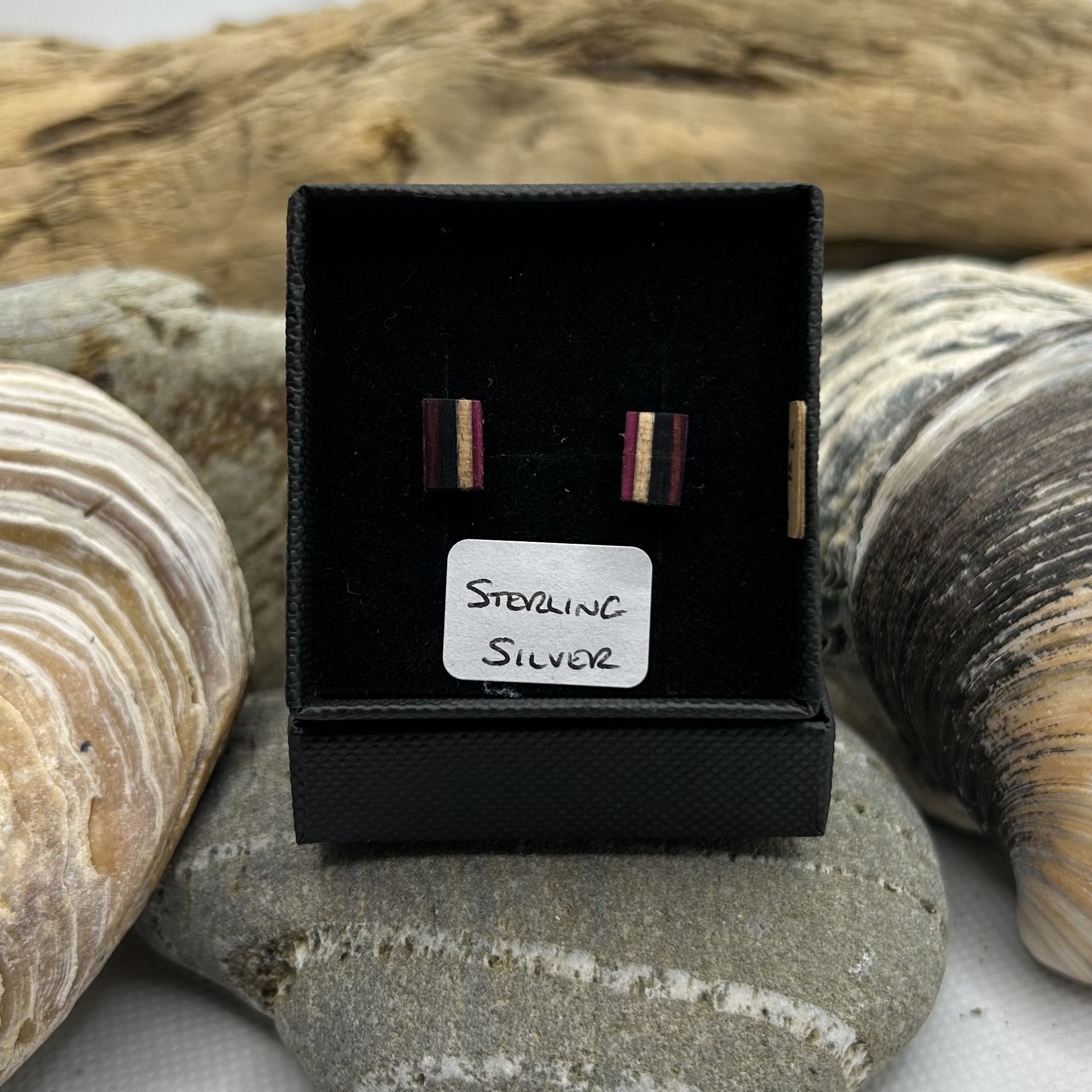 Black and Pink Stripe Wooden Sterling Silver Earrings