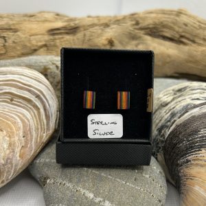 Orange Stripe Wooden Sterling Silver Earrings
