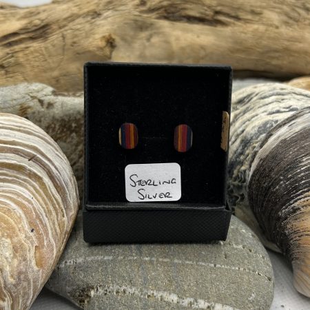 Multi Stripe Oval Wooden Sterling Silver Earrings