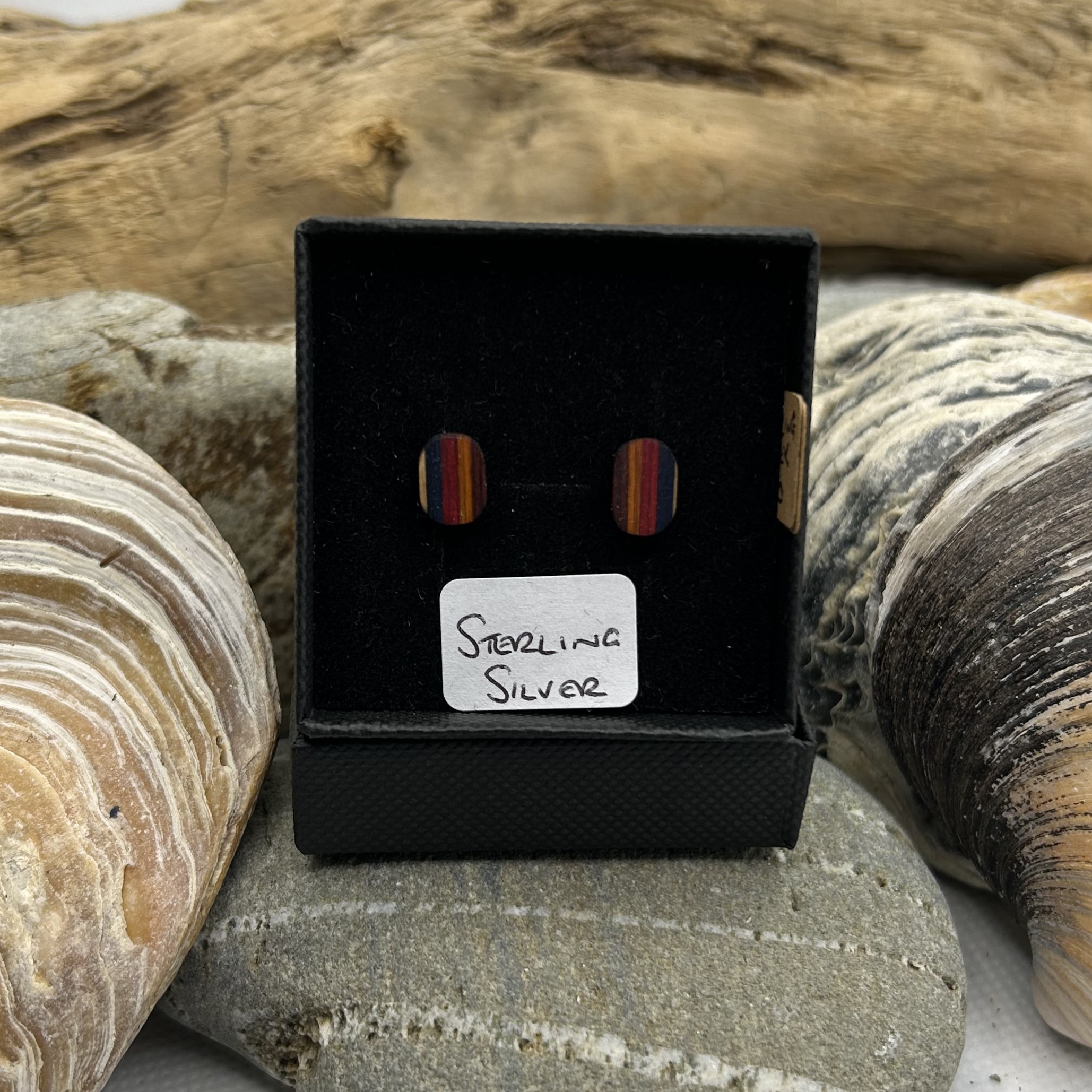 Multi Stripe Oval Wooden Sterling Silver Earrings