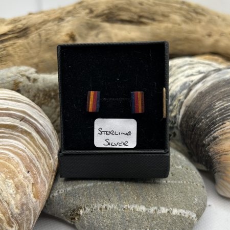 Multi Stripe Rectangular Wooden Sterling Silver Earrings