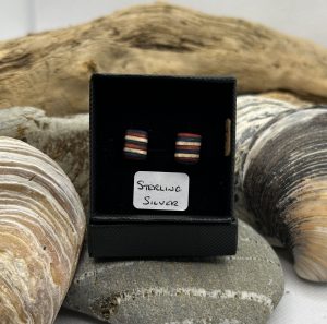 Red, Cream and Blue Stripe Wooden Sterling Silver Earrings