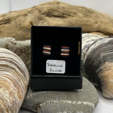 Red, Cream and Blue Stripe Wooden Sterling Silver Earrings