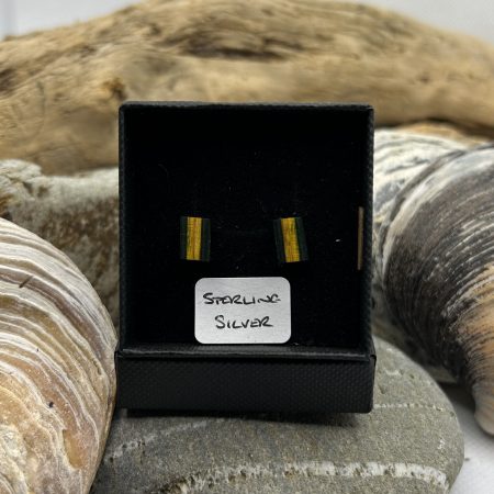 Green And Yellow Striped Wooden Sterling Silver Earrings