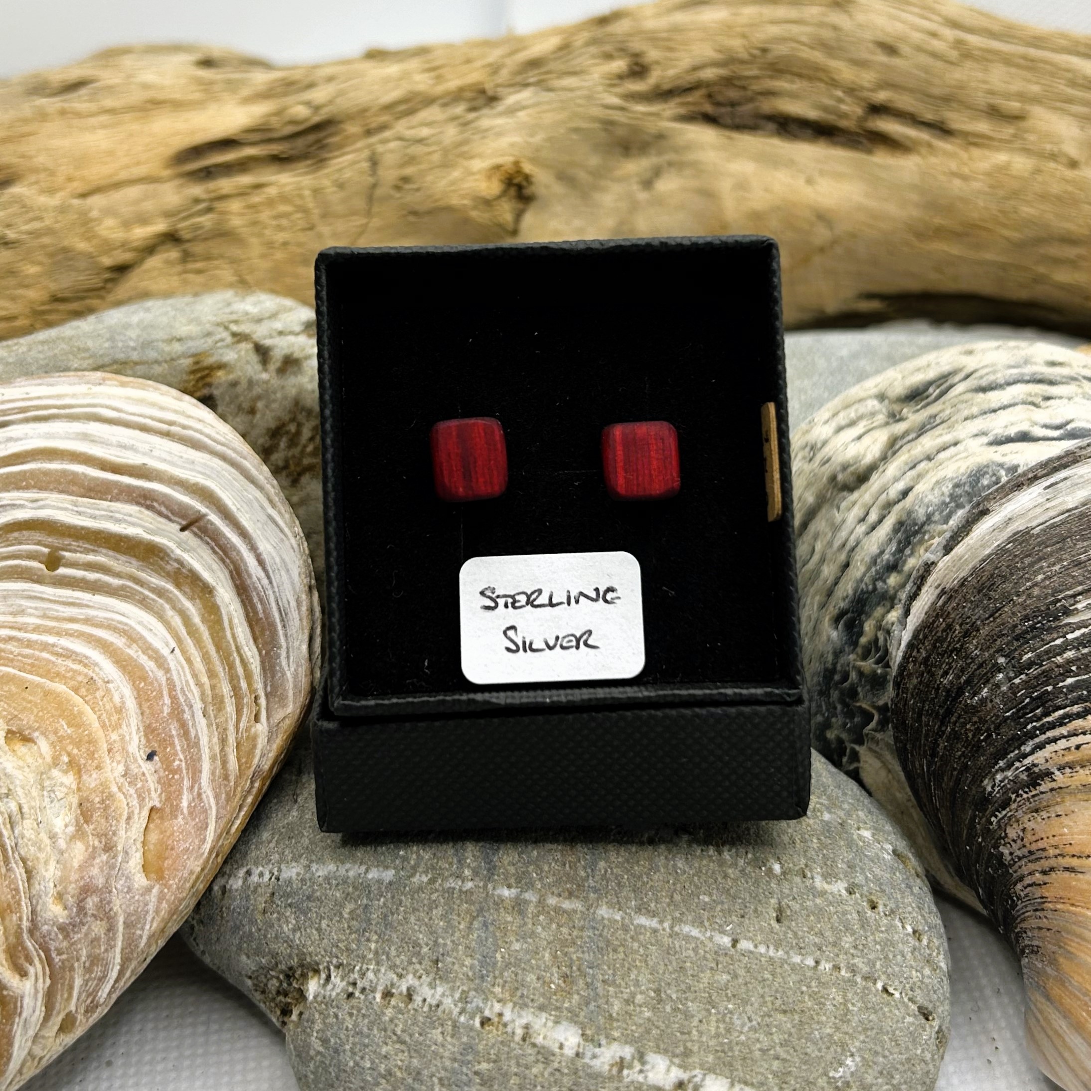 Red Wooden Sterling Silver Earrings