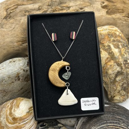 Oak Moon With Sea Glass and Striped Wood Sterling Silver Earrings Set