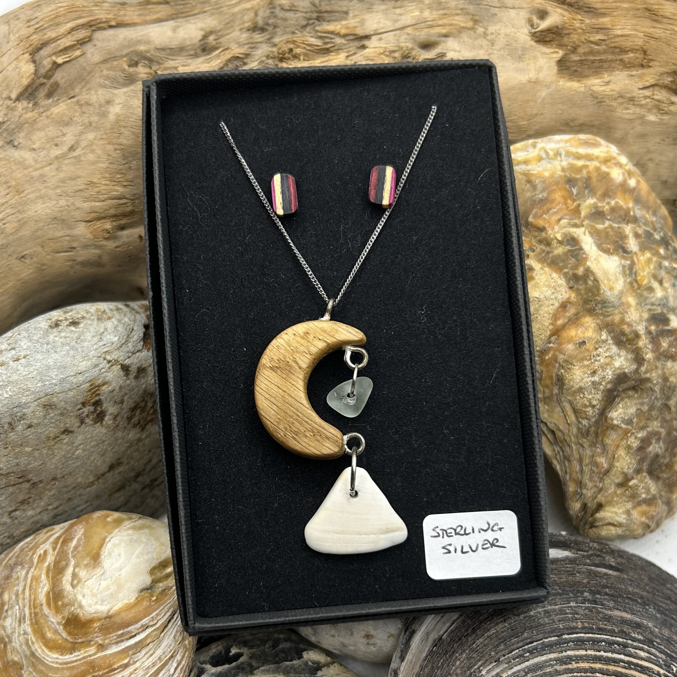 Oak Moon With Sea Glass and Striped Wood Sterling Silver Earrings Set