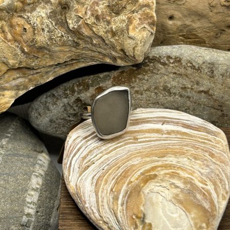 Handmade Sterling Silver Ring with Clear Sea Glass – Large Sea Glass Statement Ring, Size T