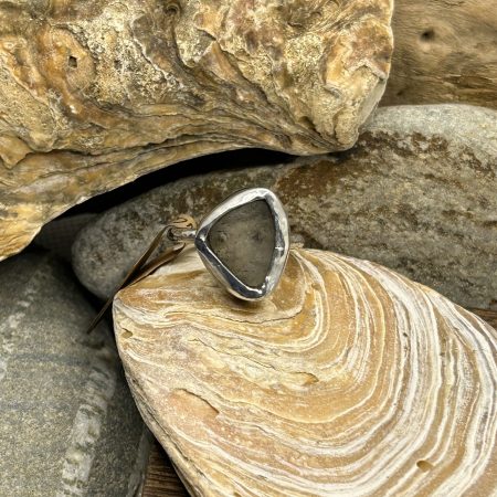 Handmade Sterling Silver Ring with Clear Sea Glass – Hammered Band, Rounded Triangle Shape, Size O 1\2
