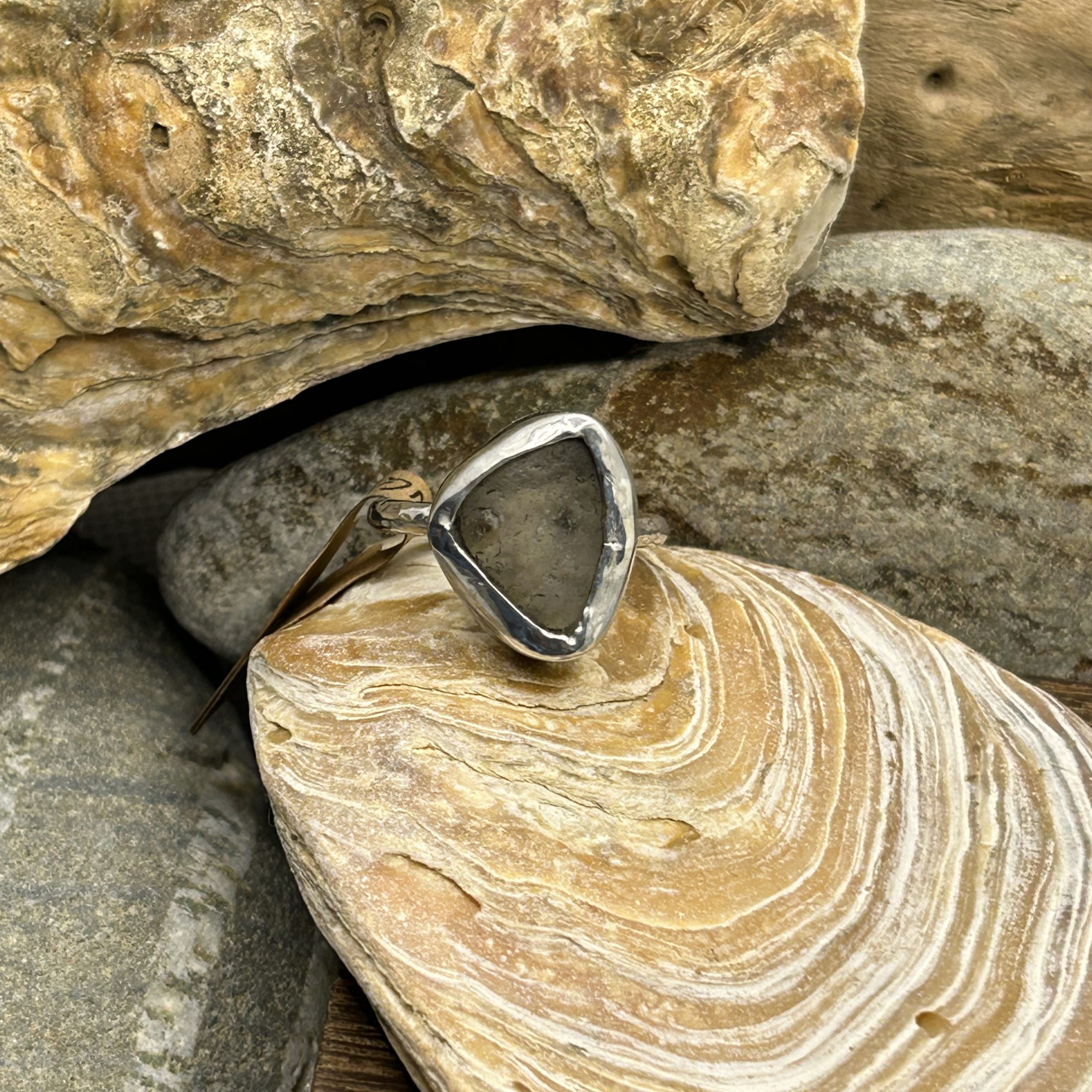 Handmade Sterling Silver Ring with Clear Sea Glass – Hammered Band, Rounded Triangle Shape, Size O 1\2