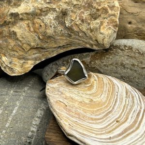 Handmade Sterling Silver Ring with Olive Green Kite-Shaped Sea Glass – Size O
