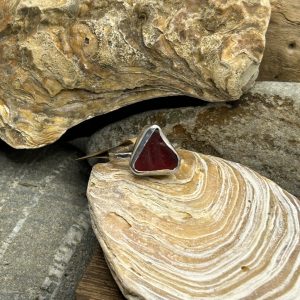Handmade Sterling Silver Ring with Rare Red Triangular Sea Glass – Hammered Band, Size O 1\2