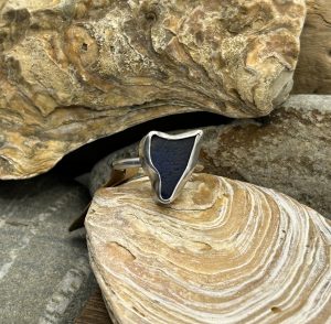 Handmade Sterling Silver Ring with Deep Blue Sea Glass – Plain Band, Size Q