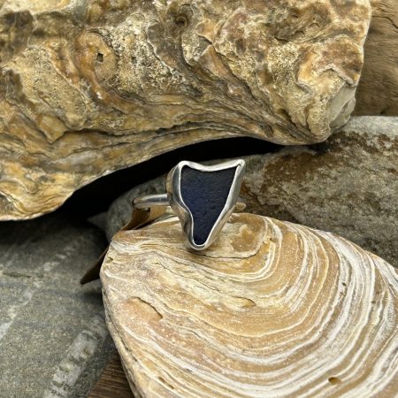 Handmade Sterling Silver Ring with Deep Blue Sea Glass – Plain Band, Size Q