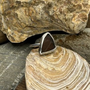 Handmade Sterling Silver Ring with Brown Triangular Sea Glass – Size V