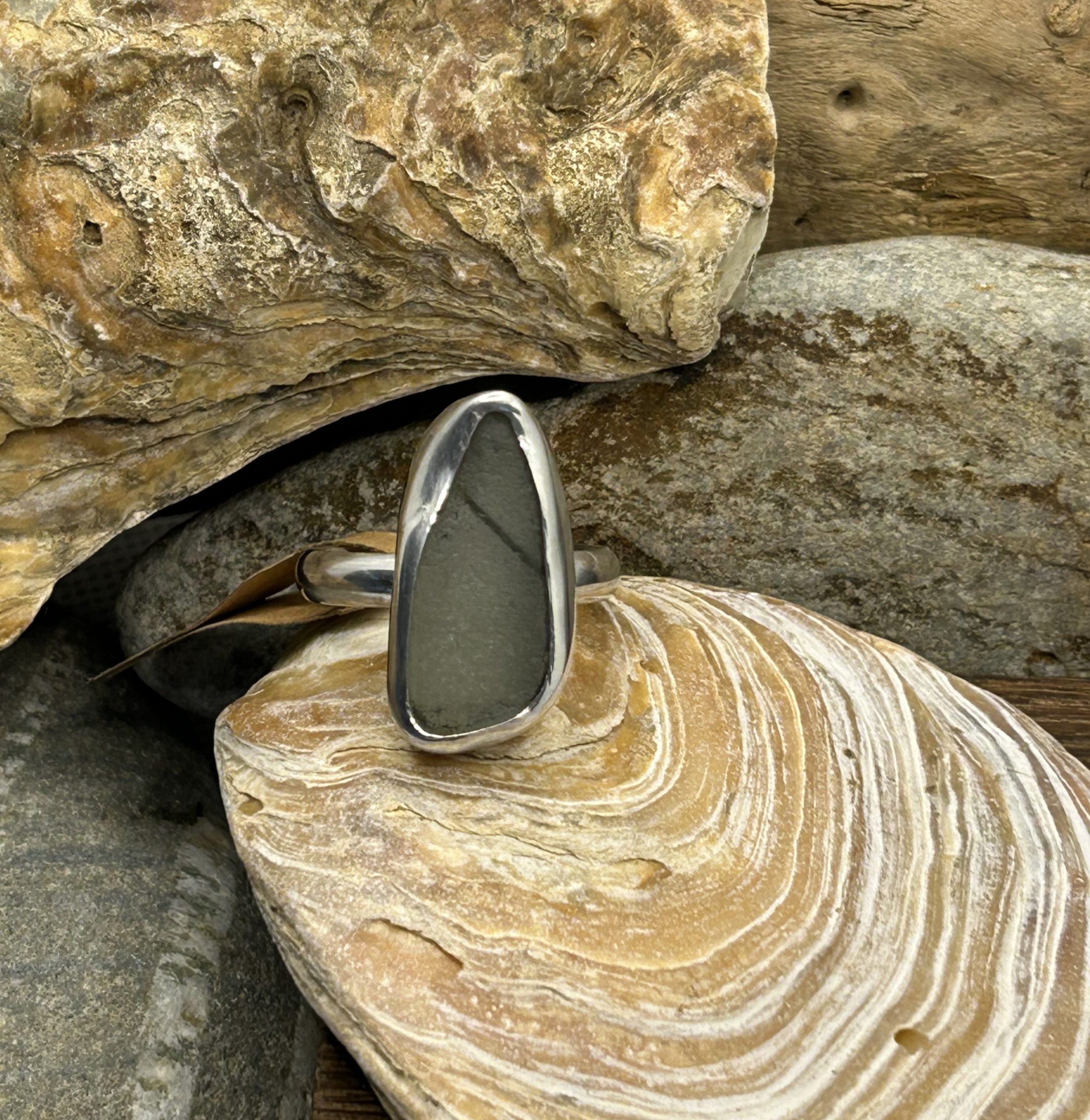 Handmade Sterling Silver Ring with Clear Frosted Sea Glass – Size Y½