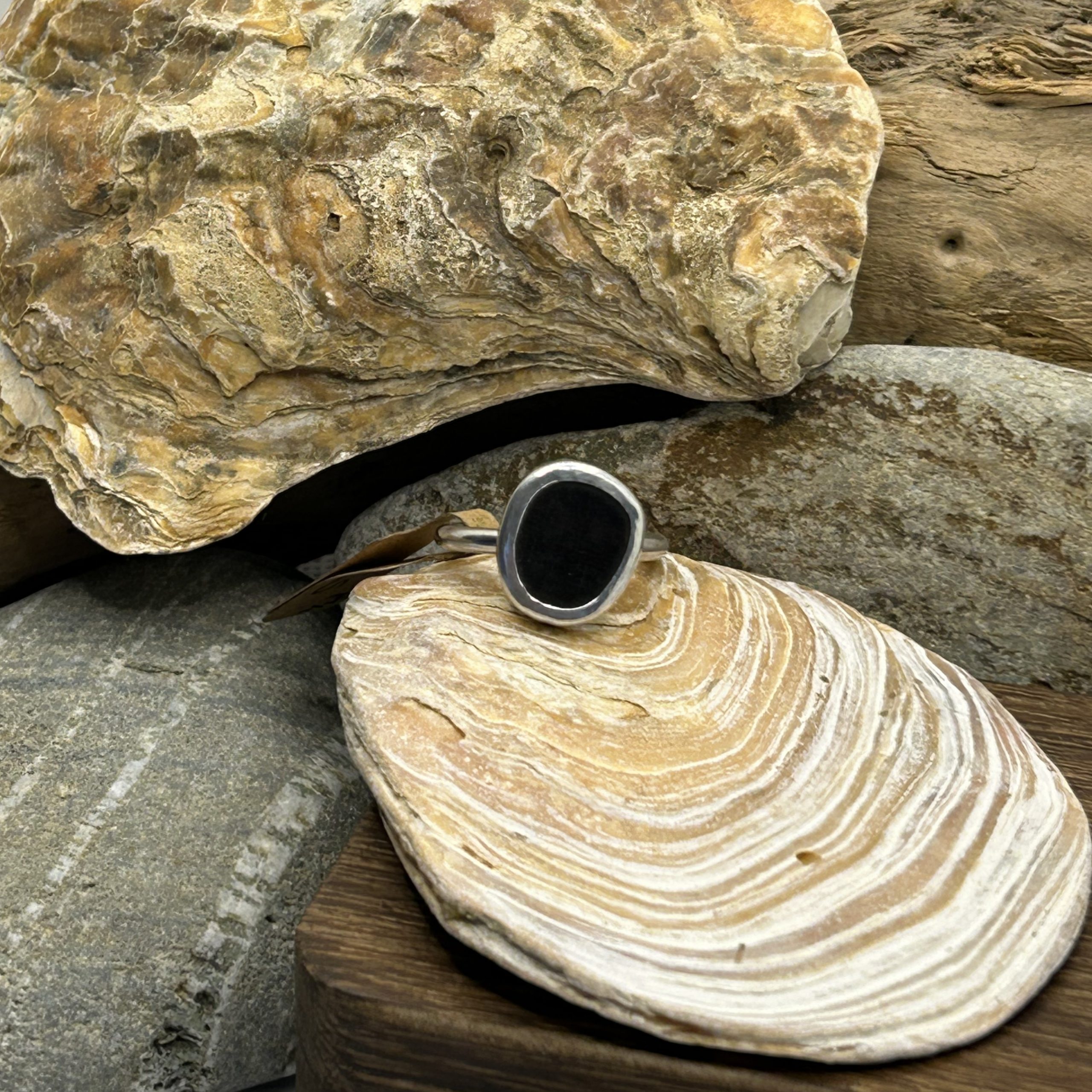 Handmade Sterling Silver Ring with Bezel-Set Walnut – Size P 1\2